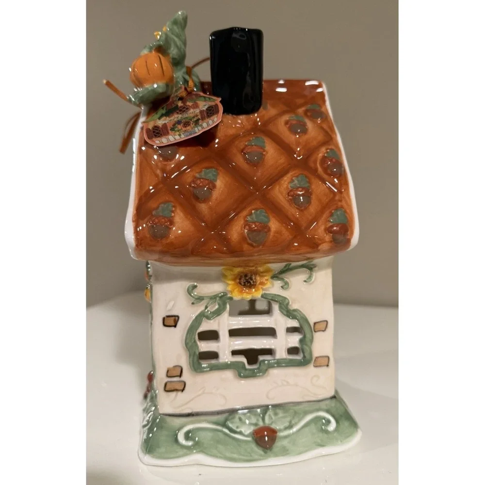 Blue Sky Heather Goldminc Harvest House Ceramic Luminary Candle Holder 10
